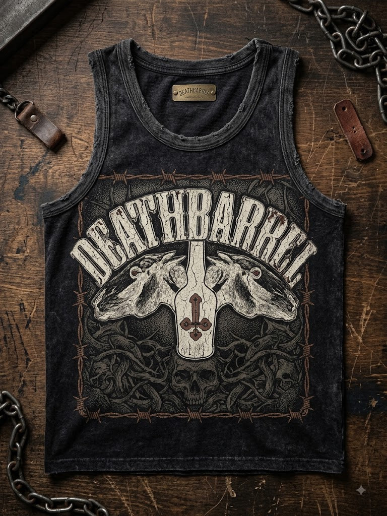 Barbed Wire Tank — design mockup, not a photograph of a finished item