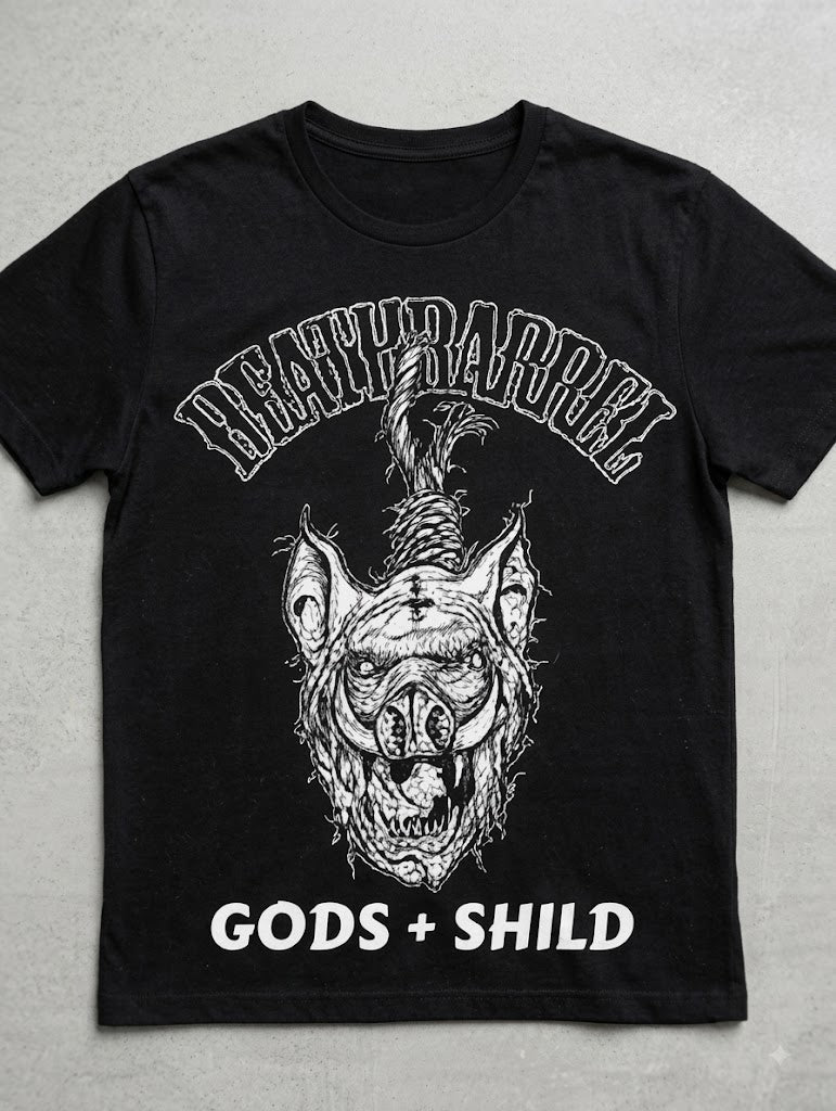 Gods + Shild Tee — design mockup, not a photograph of a finished item