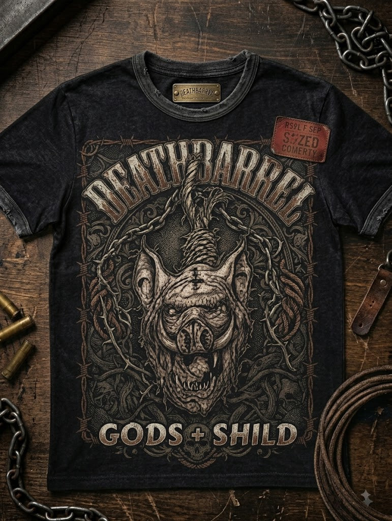 Gods + Shild Acid Wash Tee — design mockup, not a photograph of a finished item